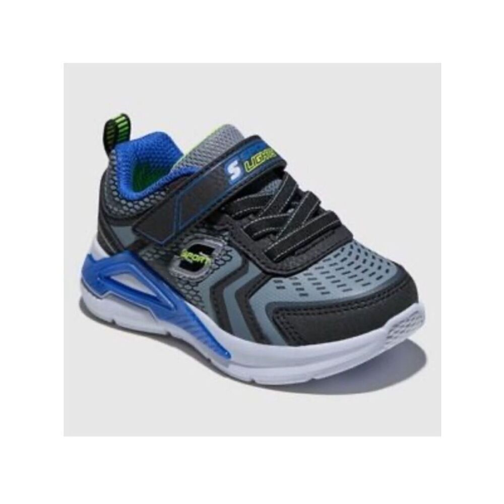 SKECHERS Sneakers S Lites NEW Light Up No tie Straps Black Blue Infant Size 5